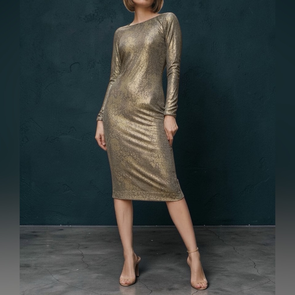 Dress the Population Metallic Gold Long Sleeve Midi Dress Emery Bodycon M